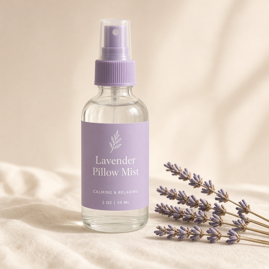 Concept image of a 2 oz lavender pillow mist bottle